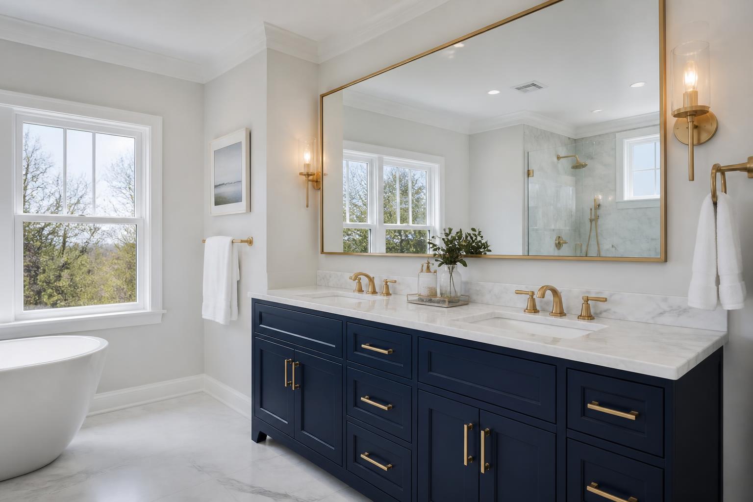 Renovated bathroom with navy vanity and brass fixtures